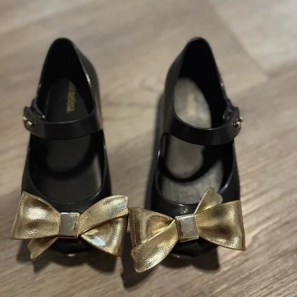 Mini Melissa Ultragirl Classic Mary Jane Flats Black Gold Bow - Picture 2 of 7